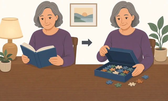 Illustration: person switching from a book to a puzzle on the table, phone still parked away