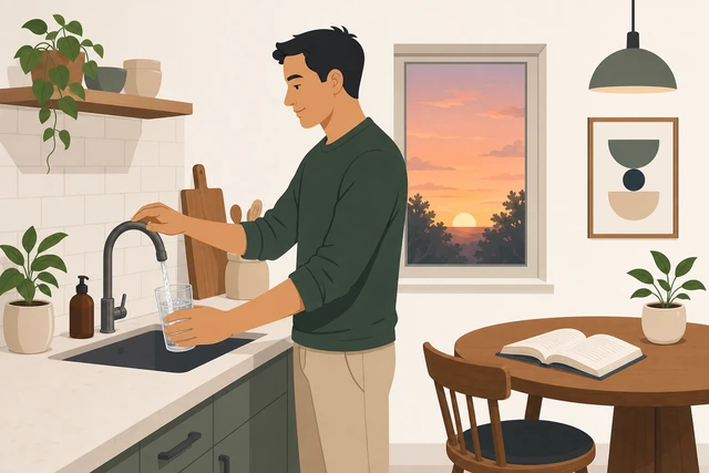 Illustration: person standing to refill a water glass with a book waiting on the table
