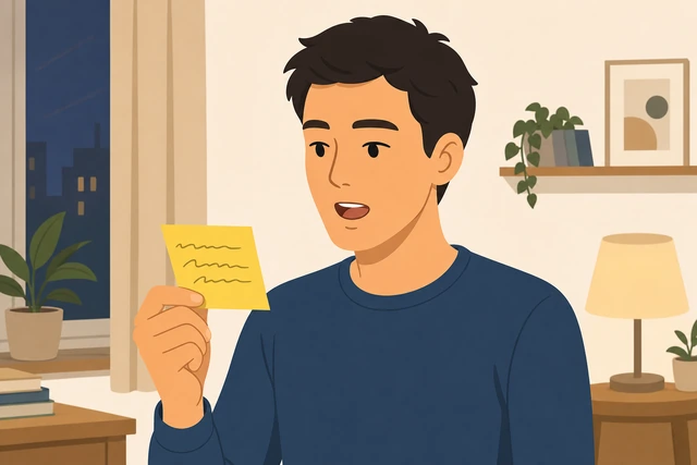 Illustration: person reading a sticky phone-free rule note out loud