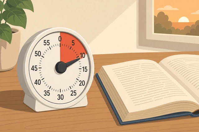 Illustration: kitchen timer set to ten minutes beside a book