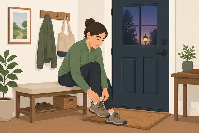 Illustration: person putting on walk shoes by the door for a short phone-free walk