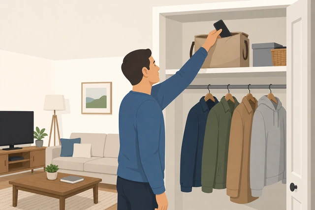 Illustration: phone being placed in a bag on a high closet shelf farther from the living room