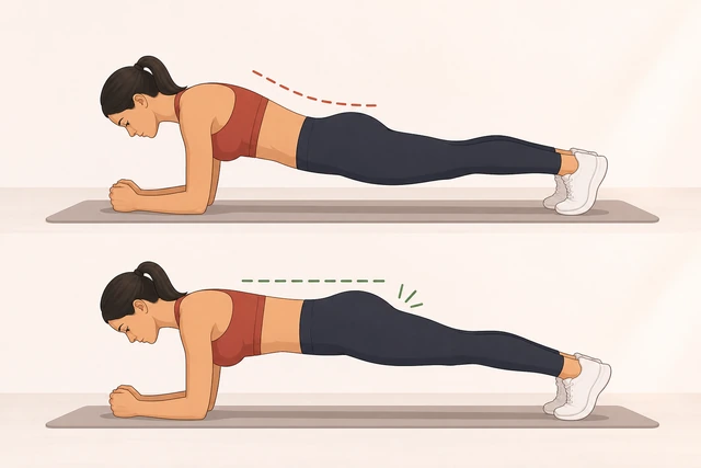 Illustration: resetting plank brace with glutes squeezed after hip sag