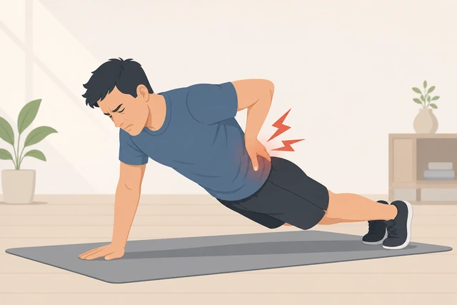 Illustration: stopping push-ups due to low-back pain caution