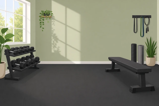 Illustration: clear floor space with optional bench for elevated push-ups and knee-friendly setup