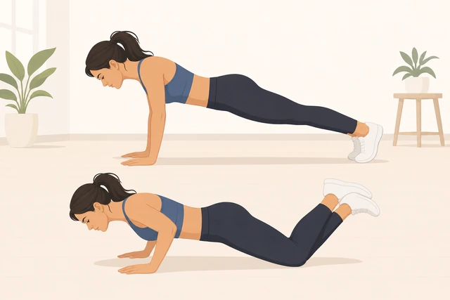 Illustration: switching from floor push-up to knee push-up to keep form