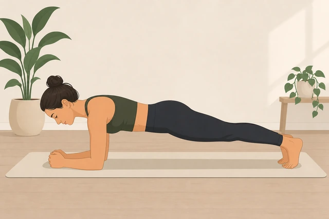Illustration: plank brace cue with glutes squeezed and neutral neck