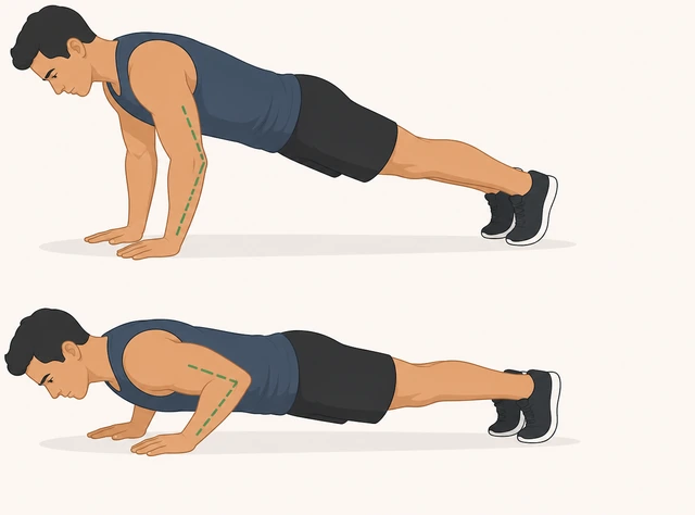 Illustration: push-up elbow tracking about forty-five degrees from torso