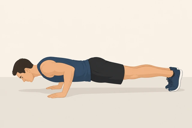 Illustration: controlled lowering phase of a push-up keeping body straight
