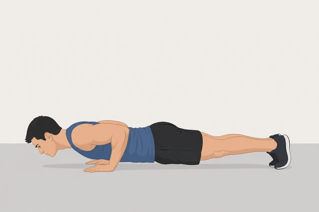 Illustration: push-up bottom position with chest near floor and straight body