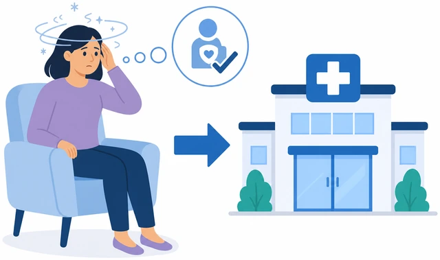 Illustration: seeking medical care for severe dizziness or chest pain