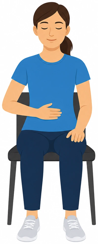 Illustration: upright seated posture for box breathing with hand on belly