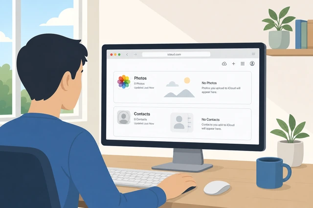 Illustration: checking iCloud.com on a computer for photos and contacts