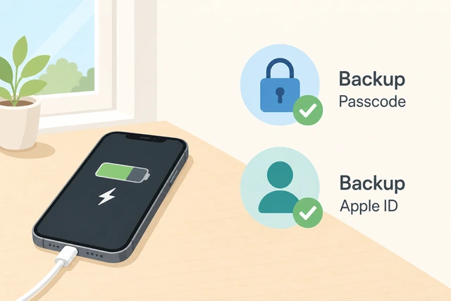 Illustration: iPhone charging with checklist backup passcode and Apple ID