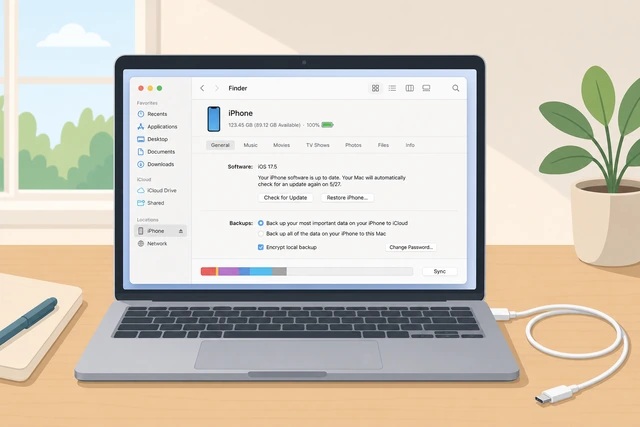 Illustration: computer with Finder or Apple Devices ready and Lightning USB-C cable