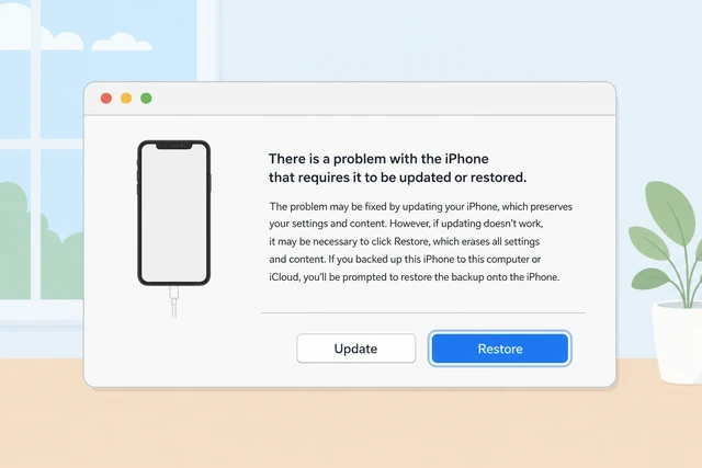 Illustration: computer dialog offering Update or Restore for iPhone choose Restore