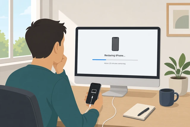 Illustration: waiting for iPhone restore progress on computer