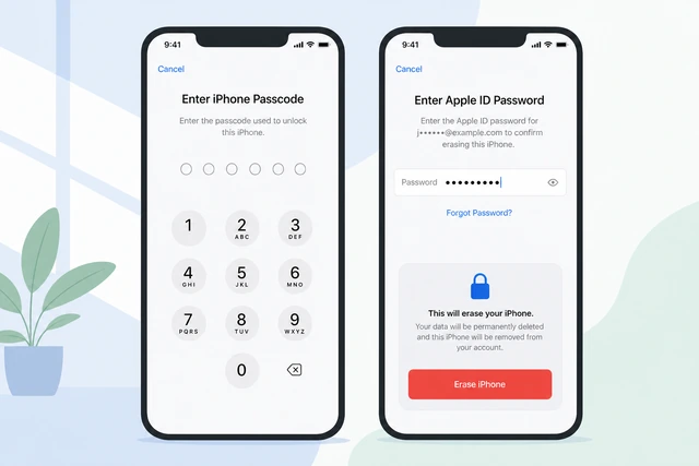 Illustration: entering iPhone passcode and Apple ID password to confirm erase