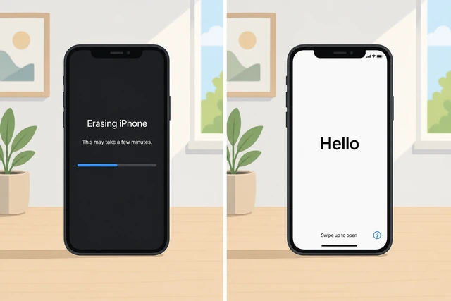 Illustration: iPhone showing erase progress then Hello setup screen
