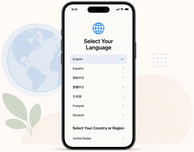 Illustration: iPhone setup choosing language and country region