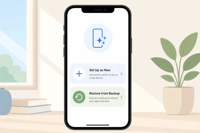 Illustration: iPhone setup choosing Set Up as New or Restore from Backup