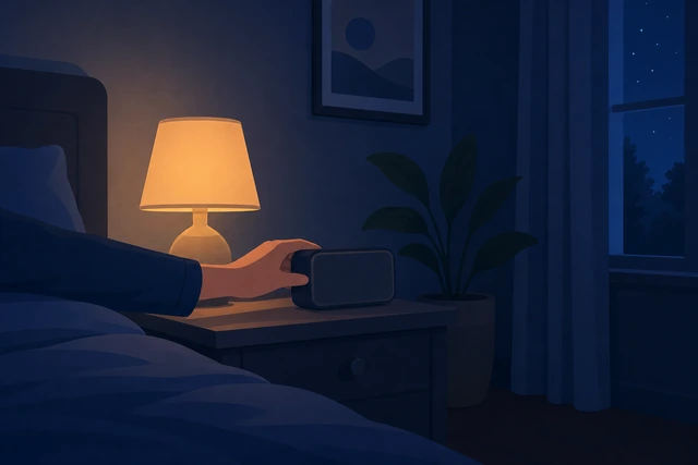 Illustration: hand turning a glowing bedside clock to face the wall in a dark bedroom