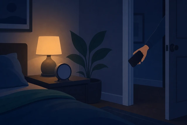 Illustration: phone carried out of the bedroom while a simple alarm clock sits turned away from the bed