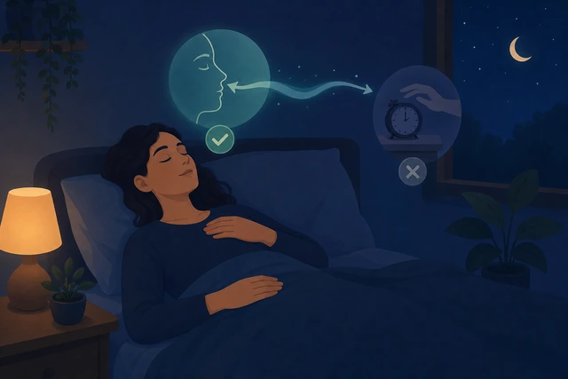 Illustration: person in bed softening the jaw and lengthening the exhale instead of reaching for a clock