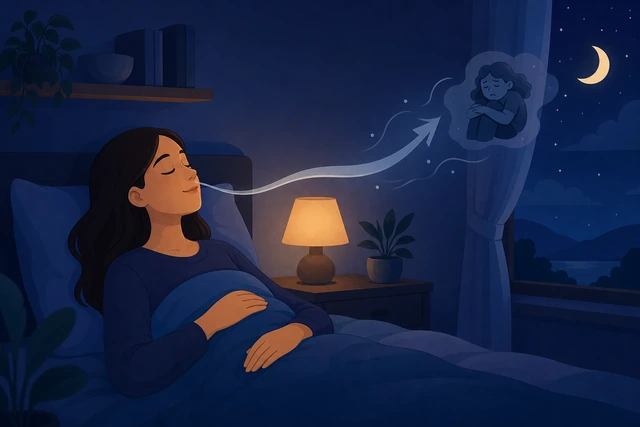 Illustration: person releasing a long calm exhale after glancing at a clock, letting the worry drift away