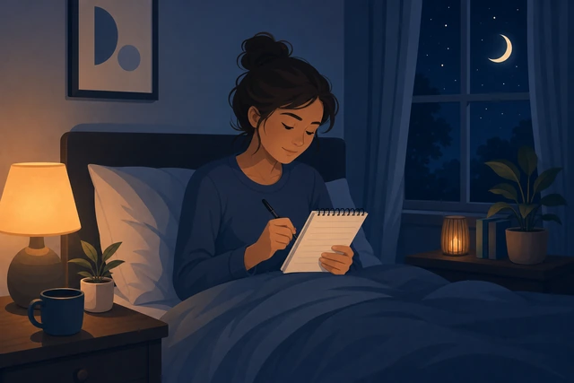 Illustration: person sitting up in dim light writing a short worry list on a paper notepad