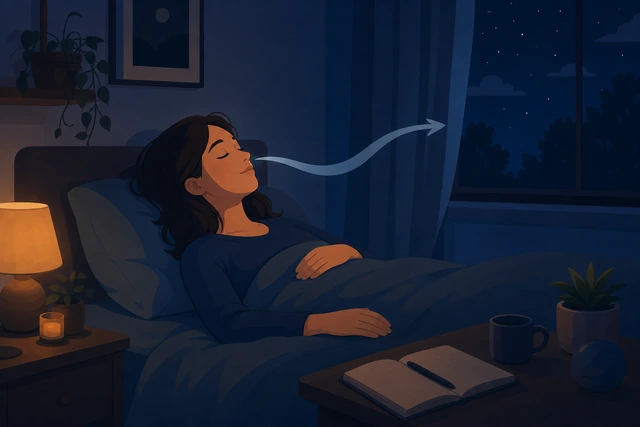 Illustration: person lying back down calmly with a slow exhale shown as a soft arrow