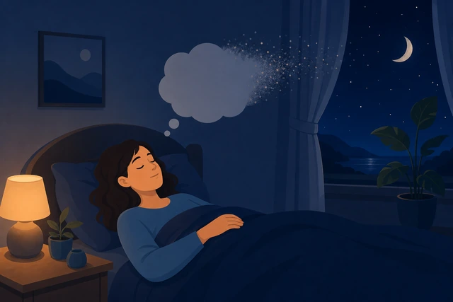 Illustration: thought bubble labeled 'later' drifting away as a calm person rests in bed
