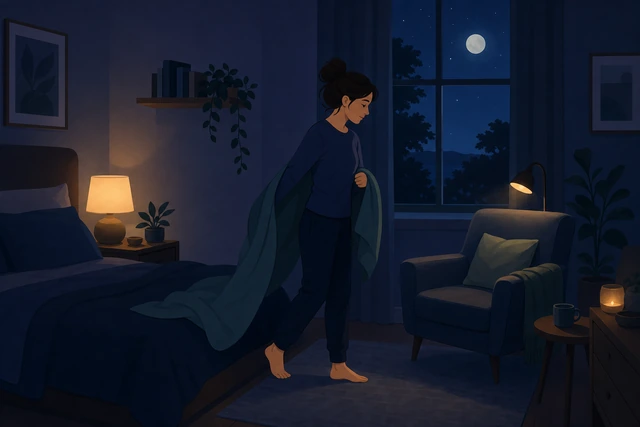 Illustration: person calmly getting up to read in a chair instead of lying in bed with racing thoughts