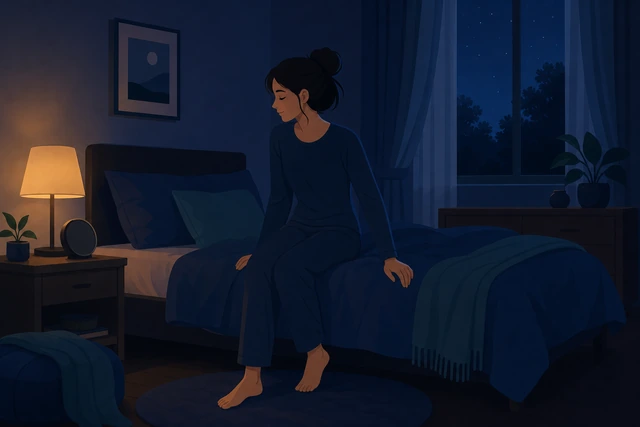 Illustration: person stepping out of bed in very low light without looking at the clock