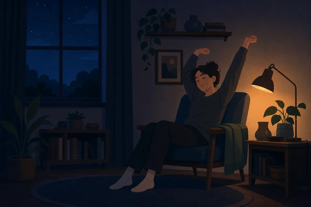 Illustration: person sitting in a dim-lit chair gently stretching away from the bed
