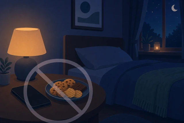 Illustration: a dark phone and a snack set aside with a gentle no symbol in a dim room