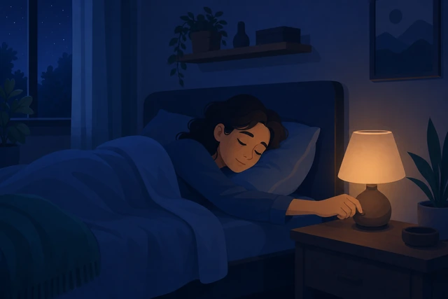 Illustration: person with heavy eyelids returning to bed as the dim lamp is turned off