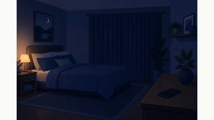 Illustration: calm dark bedroom with a dim warm lamp, curtains drawn, and a phone parked across the room