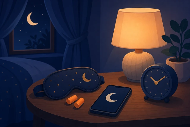 Illustration: calm bedroom checklist — curtains, eye mask, earplugs, phone with Do Not Disturb, and a fixed morning alarm