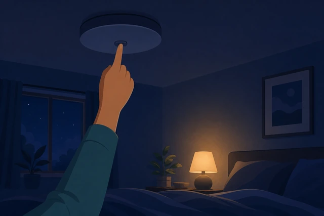 Illustration: hand switching off a bright ceiling light leaving one warm dim bedside lamp glowing