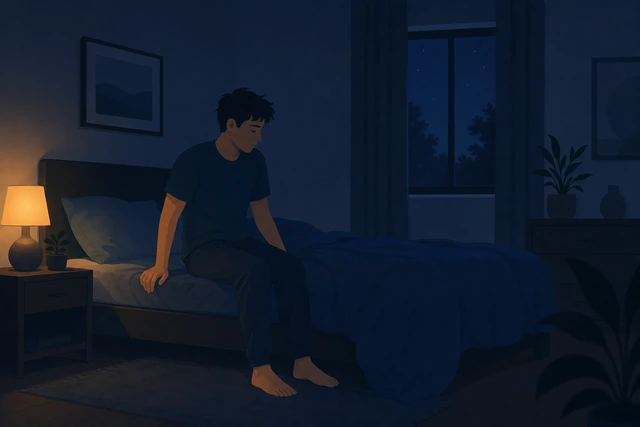 Illustration: person quietly getting out of bed in very low light after lying awake