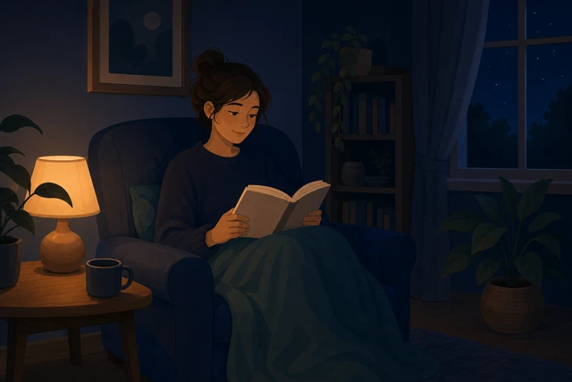 Illustration: person reading a paper book in a chair under a dim warm lamp in another room