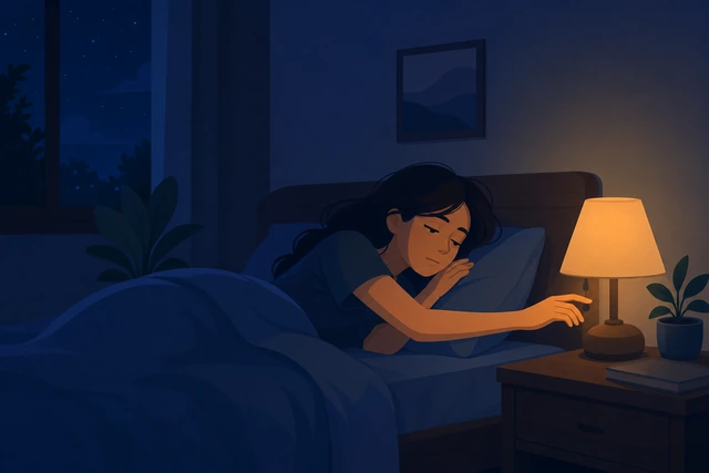 Illustration: person returning to bed with heavy eyes as the dim lamp is switched off