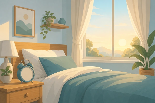 Illustration: morning bedroom with curtains opened to daylight and an unchanged alarm clock on the nightstand