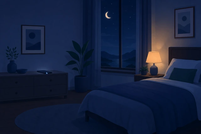 Illustration: phone face-down on a dresser across the room showing Do Not Disturb, away from the bed