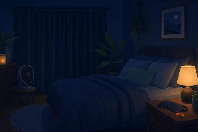 Illustration: bedroom with curtains drawn, a small fan for cool air, and an eye mask and earplugs on the nightstand