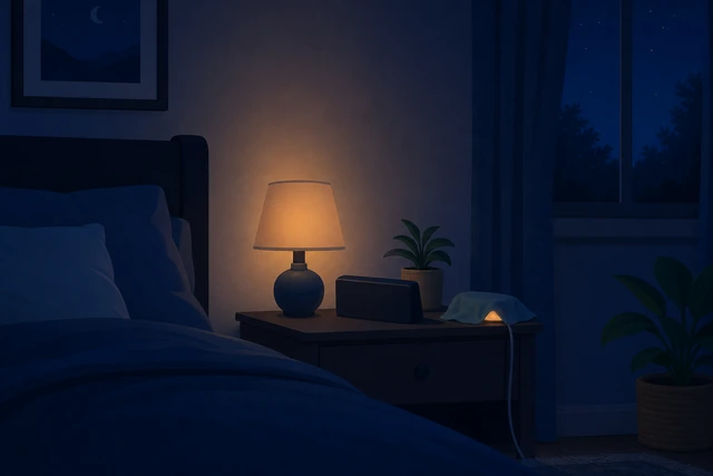 Illustration: bedside clock turned to face the wall with a glowing charger light covered by a cloth