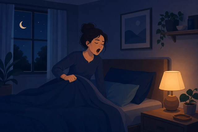 Illustration: person yawning with heavy eyes climbing into bed in a dim calm bedroom