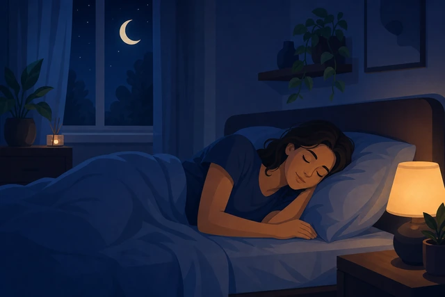Illustration: person lying relaxed on their side with loose shoulders and an unclenched relaxed face