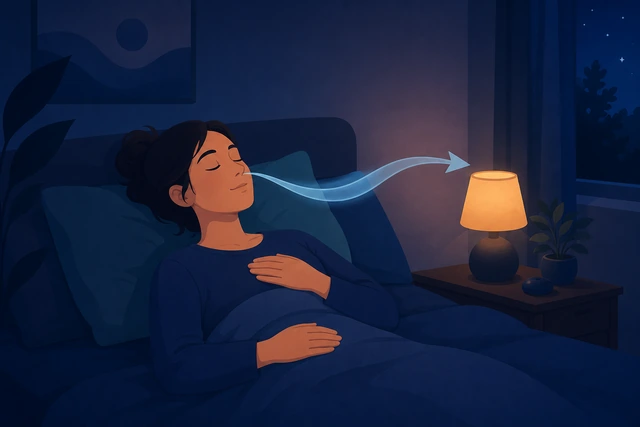 Illustration: calm person in bed with a long slow exhale shown as a soft flowing arrow leaving the nose